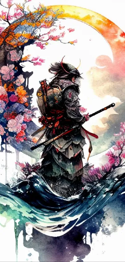 Samurai warrior in artistic watercolor with floral and moon design.