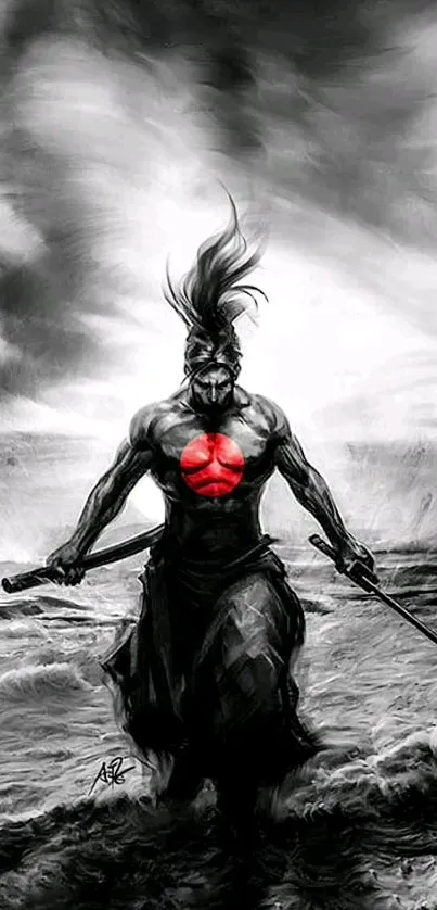 Samurai warrior artwork in black and white with red accent.