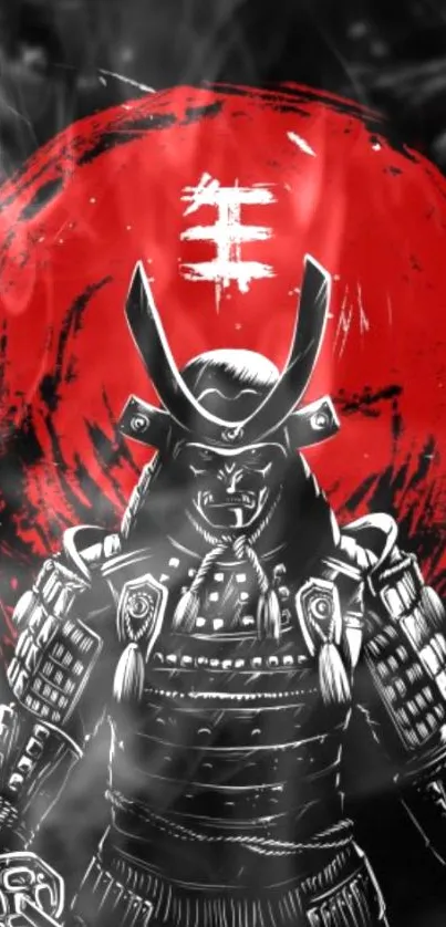 Samurai in armor with red sun background wallpaper.