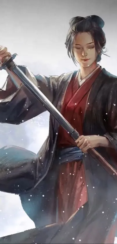 Samurai in traditional attire, holding a sword with snow falling.