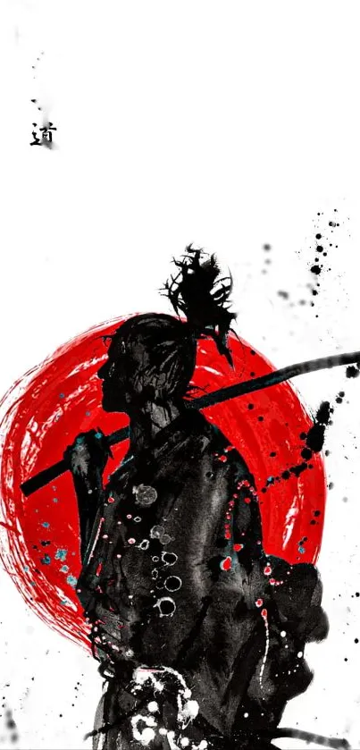 Samurai ink art with a red circle background on a phone wallpaper.