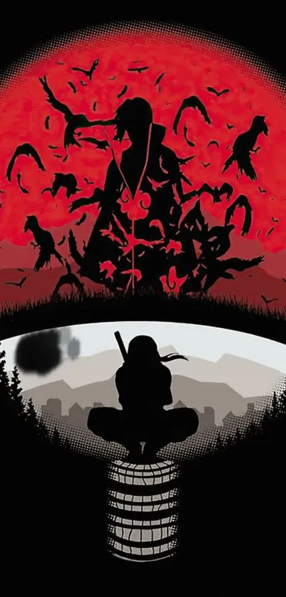 Samurai silhouette with red and black backdrop.