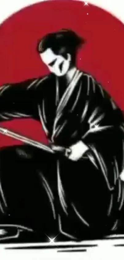 Samurai kneeling in traditional attire with a red backdrop.