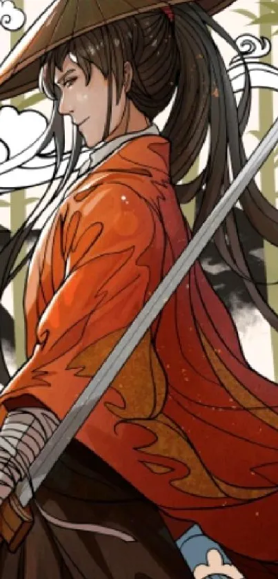 Samurai in bamboo forest with sword and vibrant orange attire.