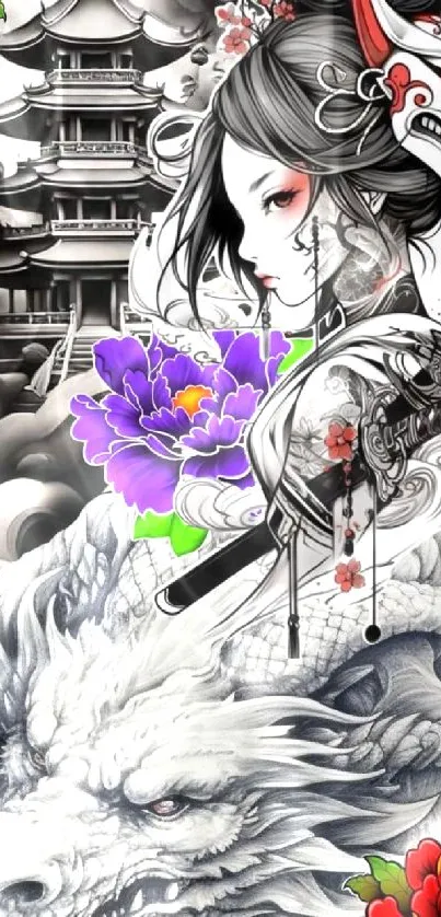 Samurai with dragon and geisha illustration wallpaper.