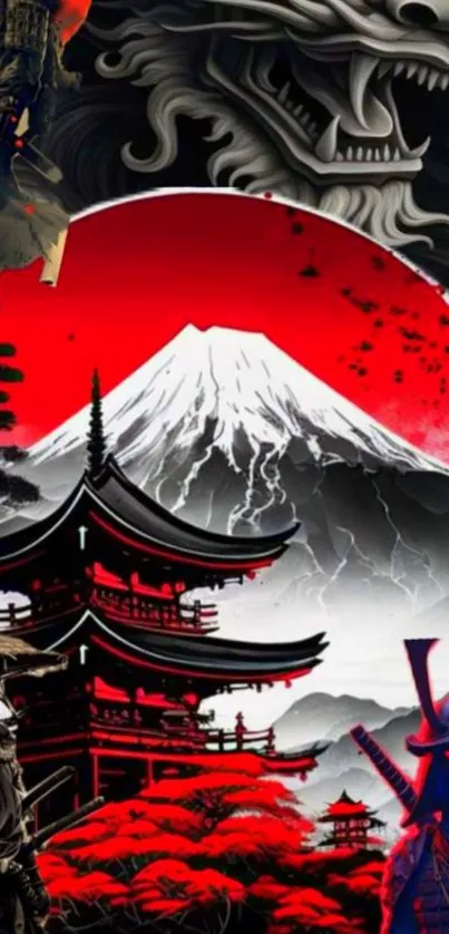 Samurai with Mount Fuji and red sun wallpaper