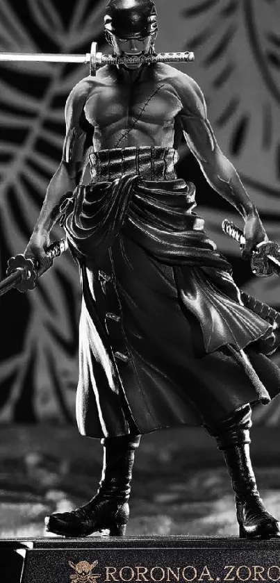 Black and white samurai figure with floral background.