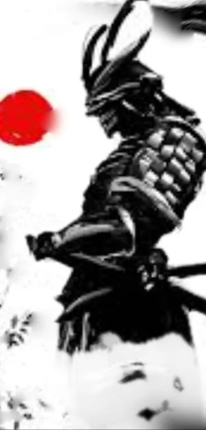 Black and white samurai with red sun on mobile wallpaper.