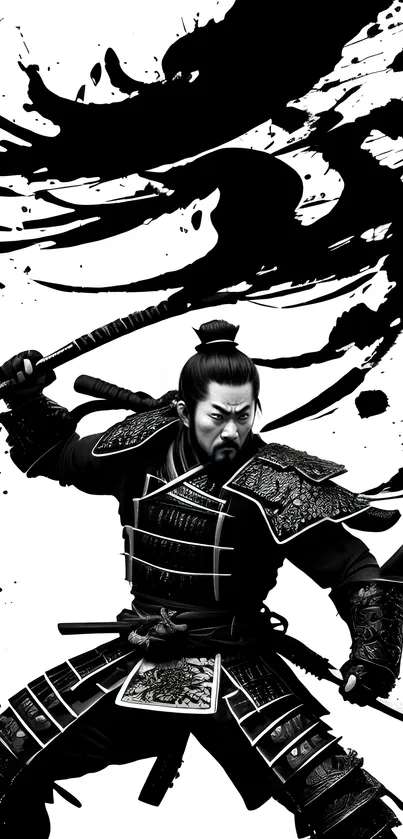 Samurai in black and white with ink splash background.