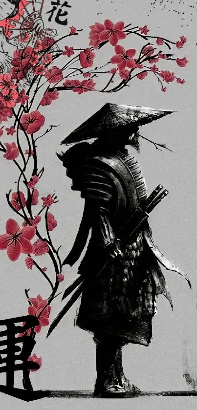 Samurai with floral artwork featuring red blossoms and Japanese calligraphy.