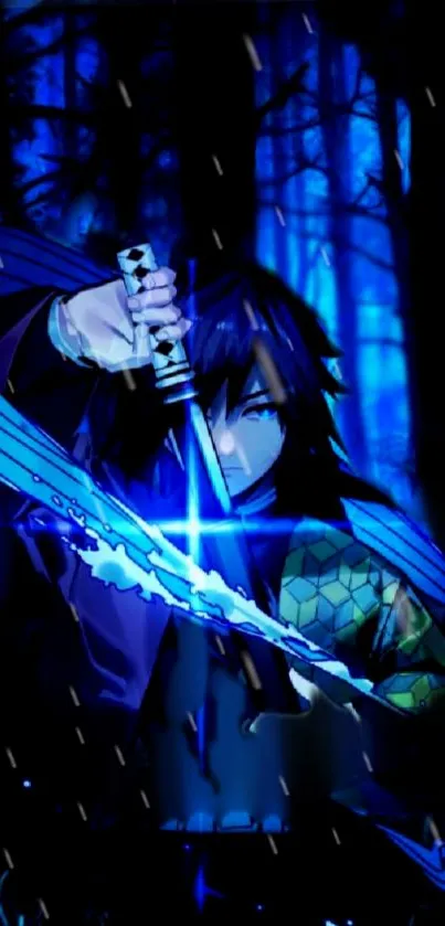 Samurai holding a glowing sword in a blue-lit forest scene.