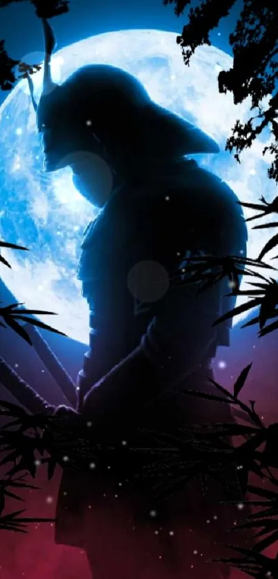 Silhouette of a samurai under a full moon with a vibrant blue and red background.