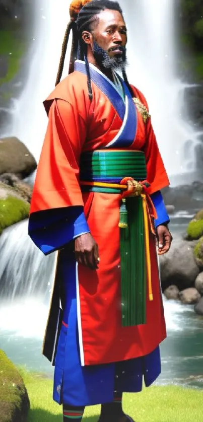 Samurai in traditional attire by a serene waterfall.