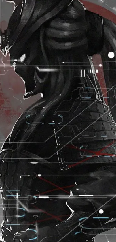 Samurai in black cyberpunk armor with red accents in a digital style.