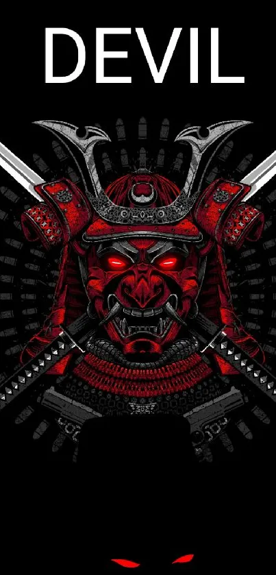 Fierce samurai devil with red eyes and swords on a black background.