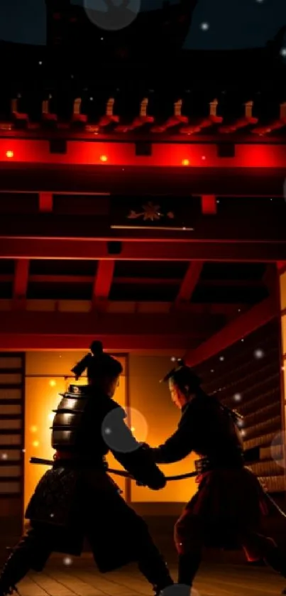 Samurai duel inside a Japanese temple with red and orange lighting.