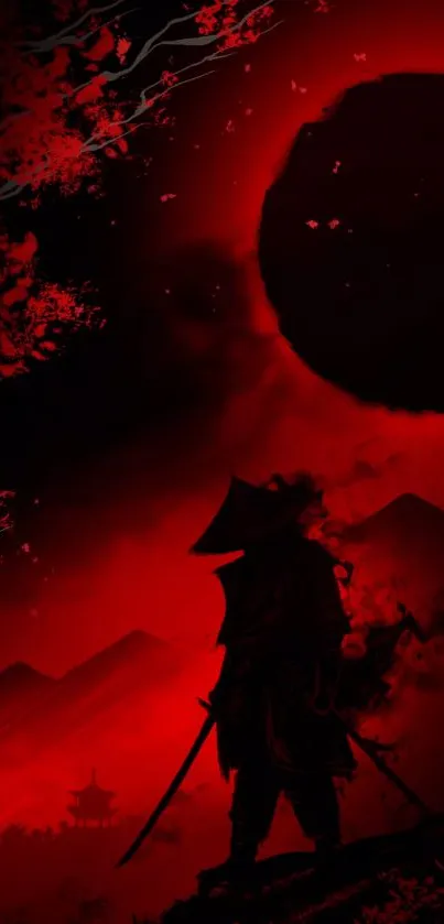 Samurai silhouette with swords under a dramatic red eclipse sky.