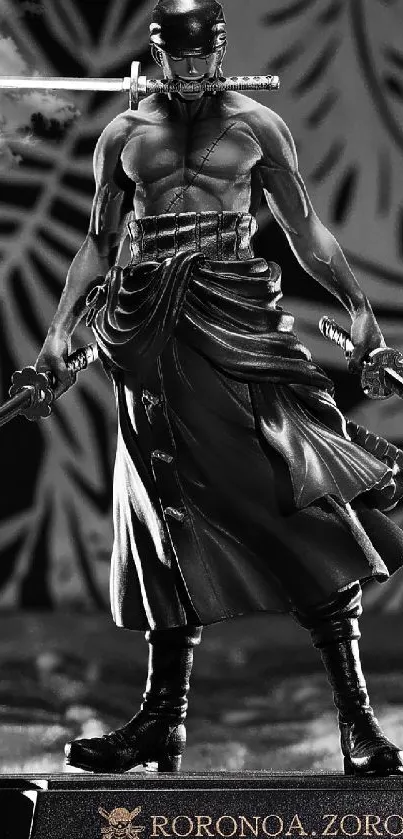 Samurai figurine with swords in black and white design.