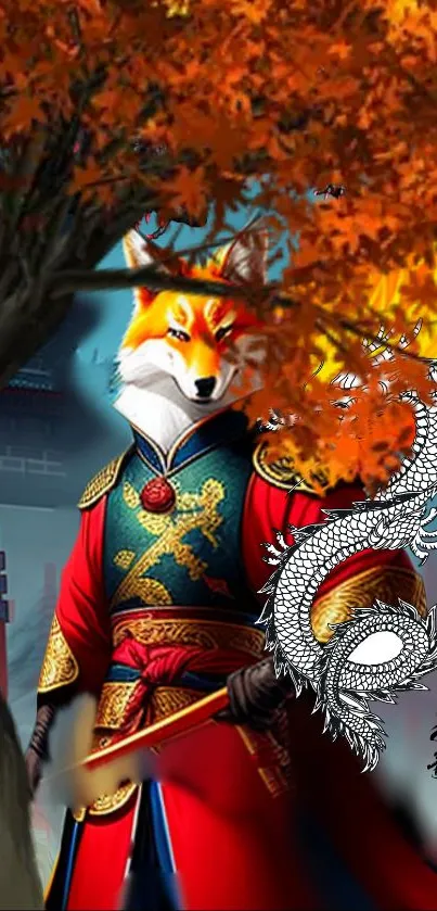 Fox warrior with a dragon in autumn setting on mobile wallpaper.