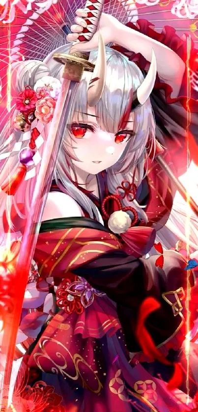 Anime samurai girl with sword and red floral design.