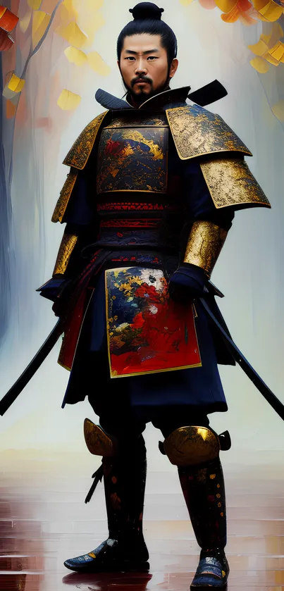 Samurai warrior stands in autumn forest, vivid colors.