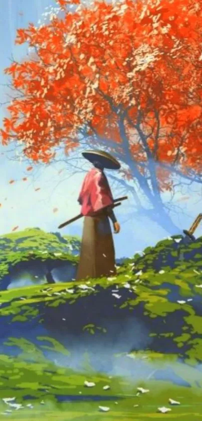 Samurai stands beneath vibrant orange autumn trees in serene landscape.