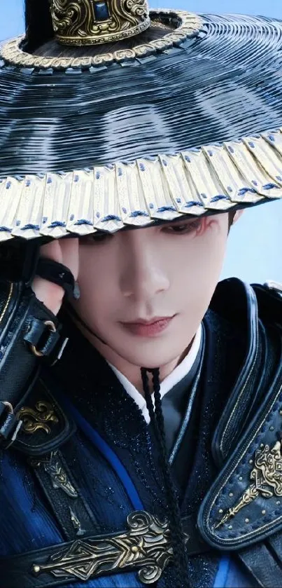 Mystical warrior with intricate attire and hat on blue background.