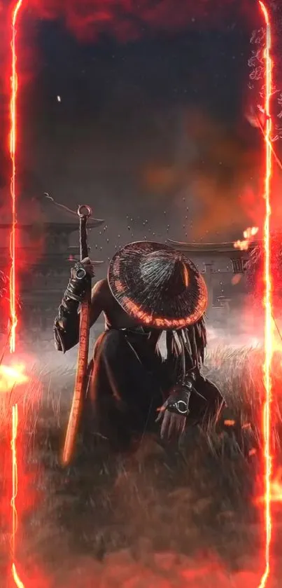 Samurai kneels in flaming battlefield, creating a dynamic and fiery scene.