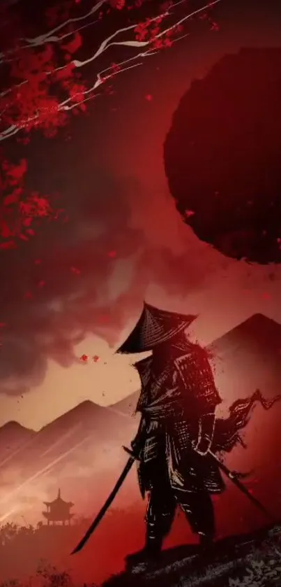 Silhouette of a samurai against a fiery red landscape with mountains.