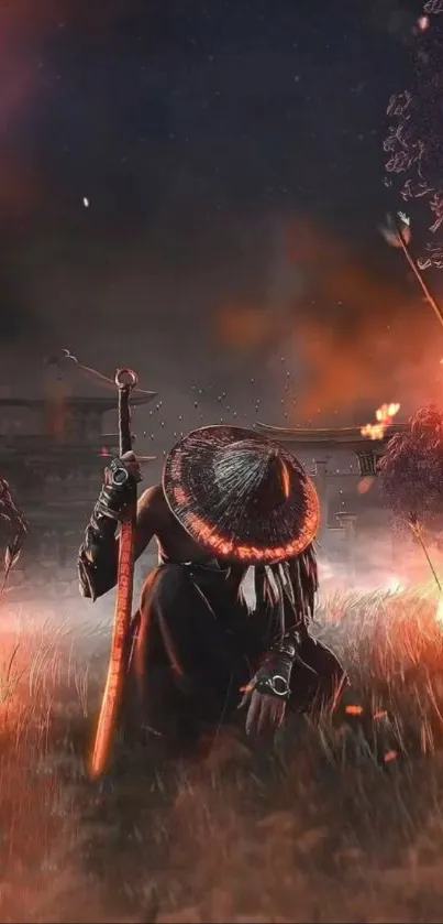 Samurai stands amid flaming landscape at night.