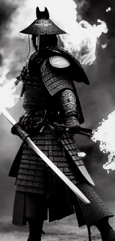 Samurai in traditional armor amidst smoke and fire for mobile wallpaper.