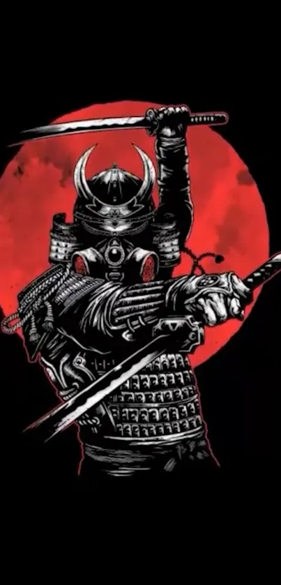 Samurai with swords in front of a red moon on a phone wallpaper.