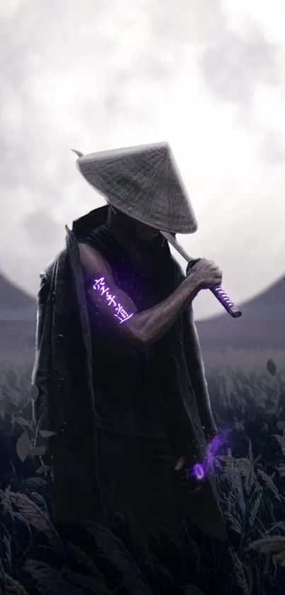 Samurai silhouette under full moon with purple glow.