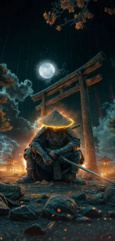 Samurai crouches under a full moon in a mystical forest setting, sword in hand.