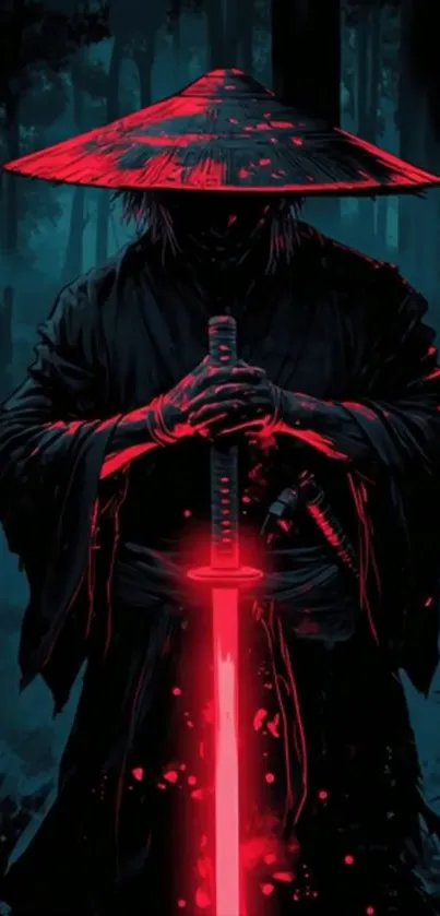 Samurai with a glowing sword in a dark mysterious forest.