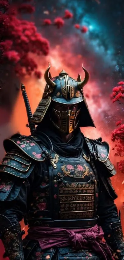 Samurai warrior in ornate armor amidst red foliage and twilight sky.