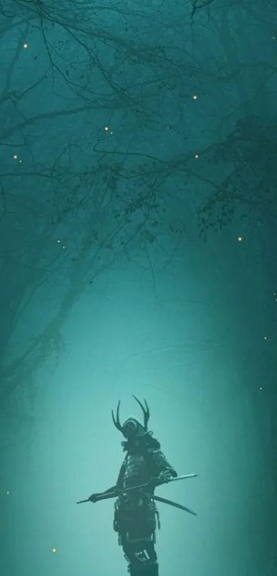 A lone samurai stands in a mystical, foggy forest, illuminated by teal light.