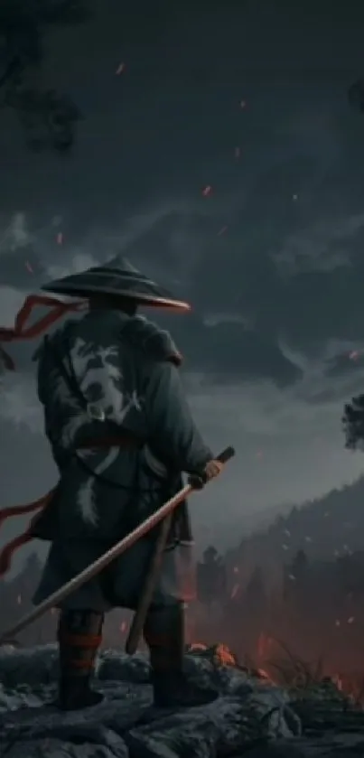 A lone samurai stands in a mystical, dark forest landscape.