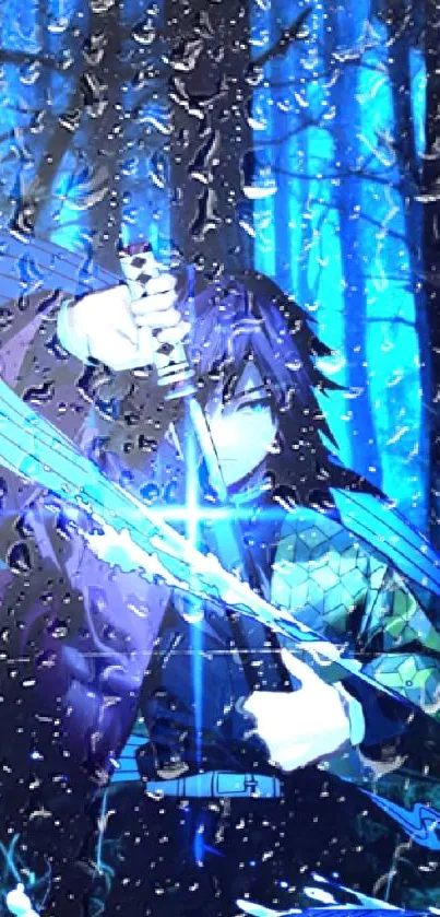 Anime samurai with sword in mystical blue forest wallpaper.