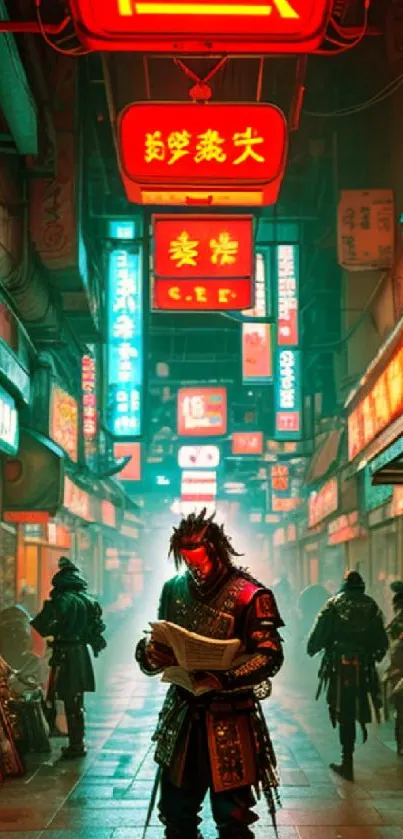 Samurai with neon lights in urban street scene.