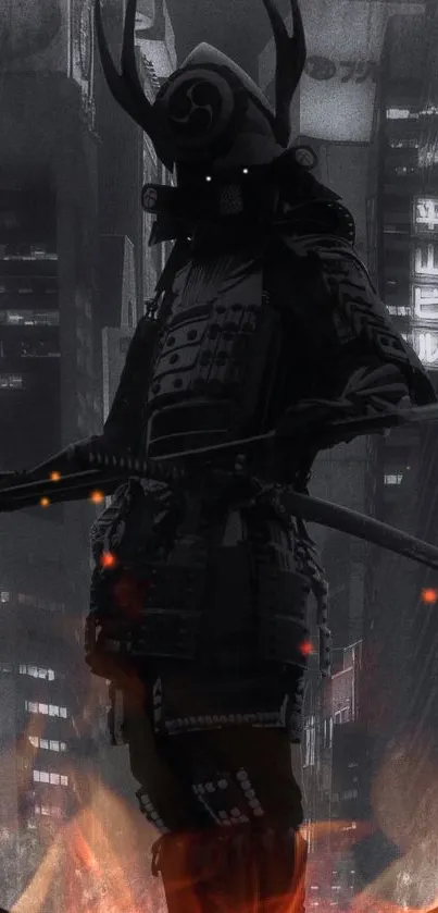 Samurai in armor with neon city background.