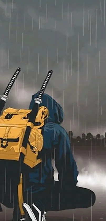 Illustration of a samurai kneeling in rain with a yellow backpack.