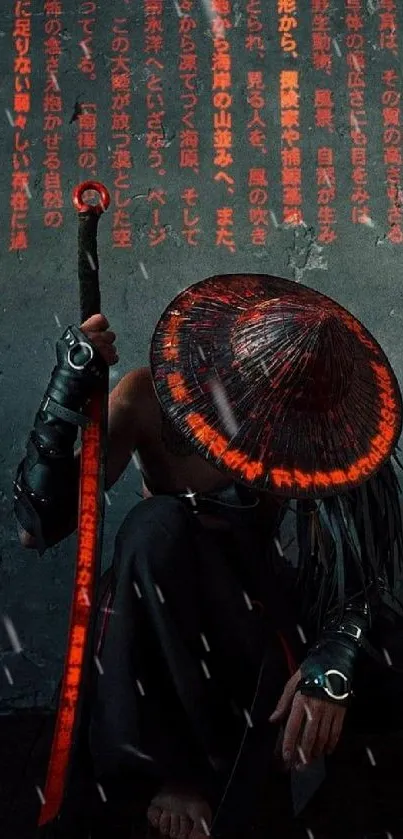 Mysterious samurai with glowing red sword and hat in dimly lit setting with text.