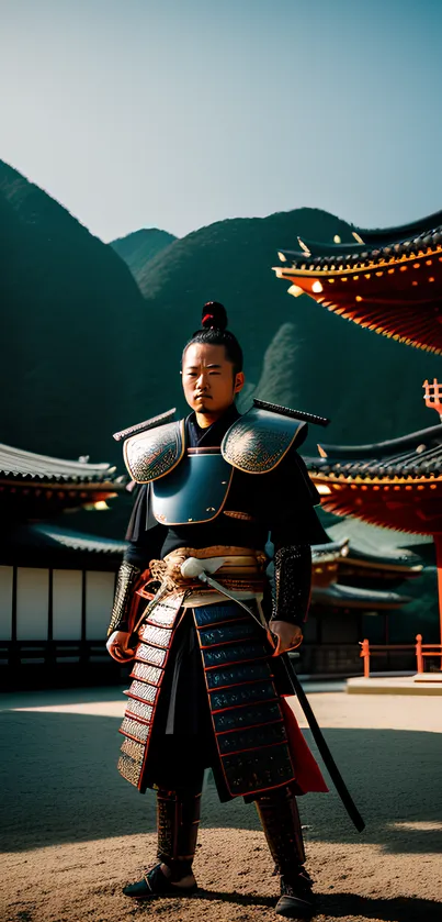 Samurai warrior in traditional armor standing in a historic Japanese courtyard.