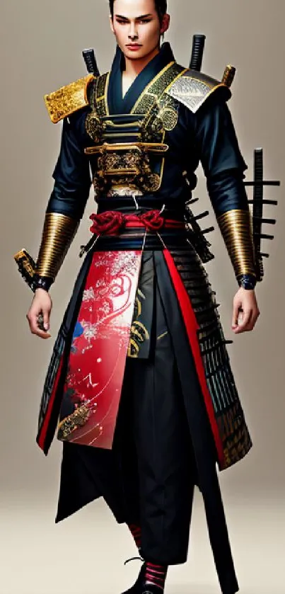 Samurai in ornate traditional armor and red accents.