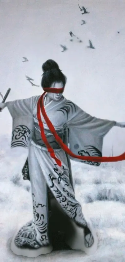 Samurai ink art with red ribbon on grayscale background.