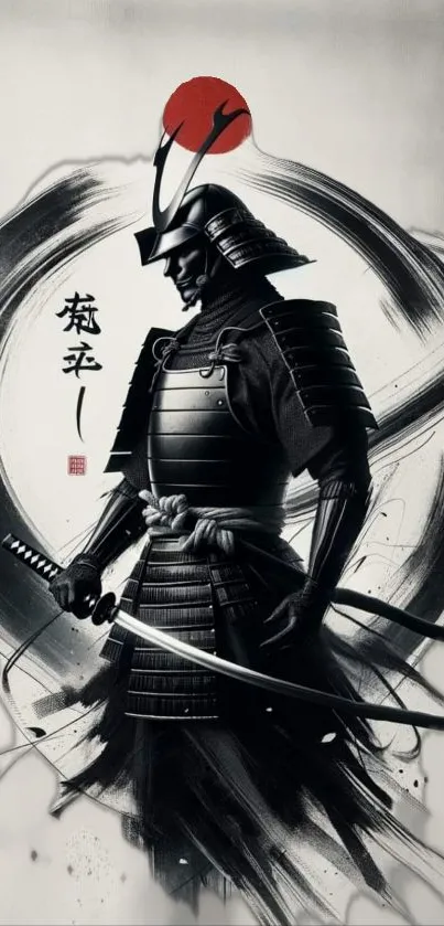 Samurai in ink brush art with red sun accent.