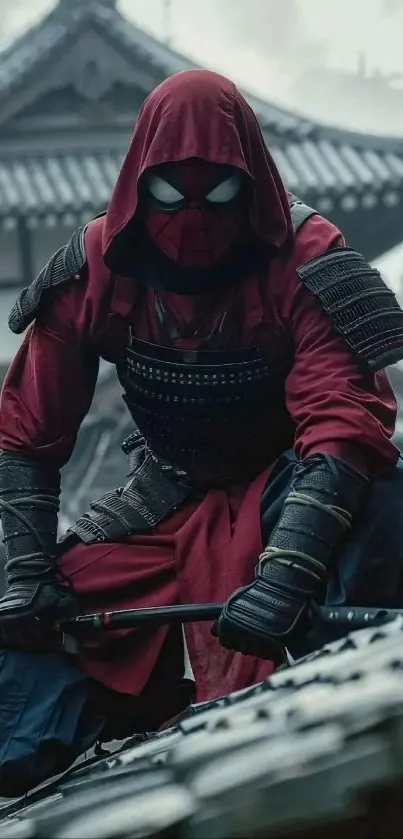 Samurai-inspired superhero crouches on a rooftop with Japanese temple backdrop.