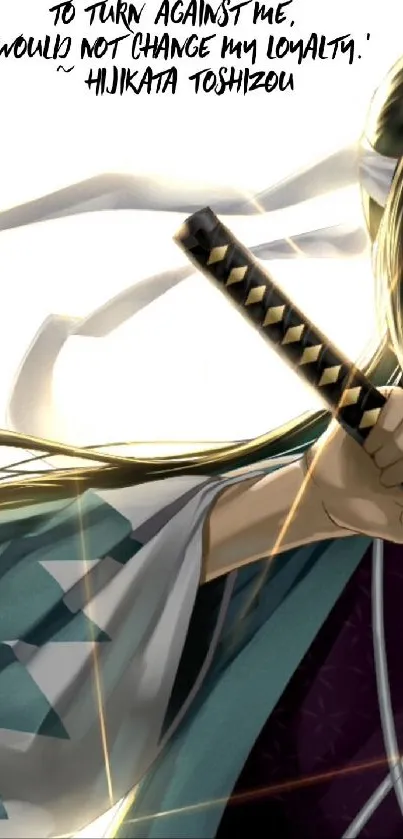 Anime samurai holding a sword with a quote about loyalty.