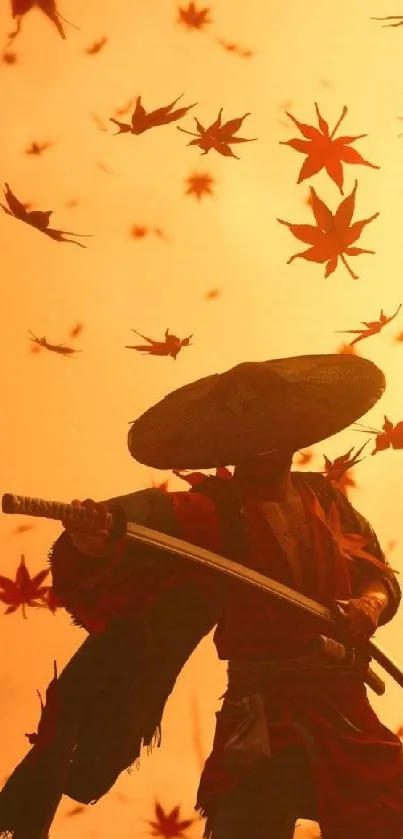 Samurai silhouette with maple leaves in orange backdrop.